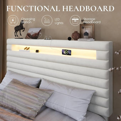 SHA CERLIN Queen Bed Frame with LED Light & 2-Tier Storage Shelf, Velvet Upholstered Adjustable Headboard with Charing Station, Horizontal Channel Tufted, No Box Spring Needed, Easy Assembly, White