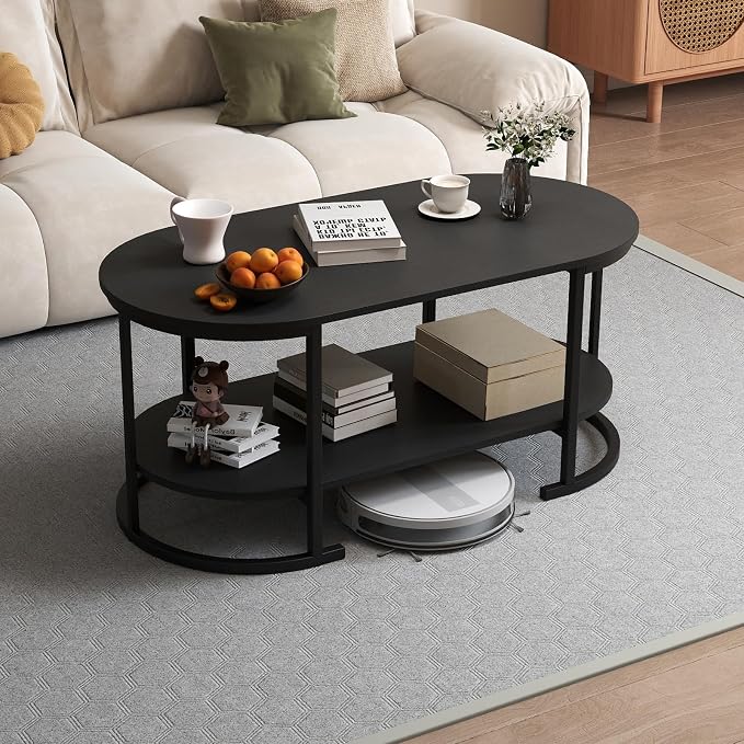 Giantex 2-Tier Coffee Table, Oval Center Table with Wood Grain Top & Open Storage Shelf, Modern Accent Table with Heavy Duty Metal Frame, Cocktail Table for Living Room Reception (Black)