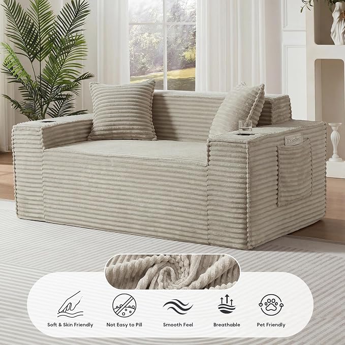 Boneless Sectional Sofa Couch with Cup Holders & Side Pockets, Modern Corduroy Fabric Deep Seat Loveseat Cloud Couch for Living Room Office, No Assembly (Camel)