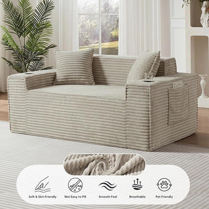 Boneless Sectional Sofa Couch with Cup Holders & Side Pockets, Modern Corduroy Fabric Deep Seat Loveseat Cloud Couch for Living Room Office, No Assembly (Camel)