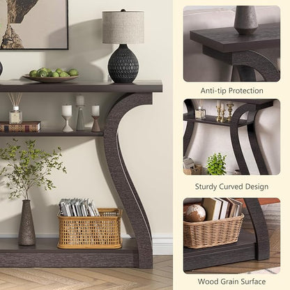 47" Wood Console Table for Entryway, Narrow Sofa Table with 3-Tier Shelves, Curved Legs Farmhouse Hallway Table, Skinny Console Table Behind Couch, Rustic Wooden Entry Table for Living Room (Brown)