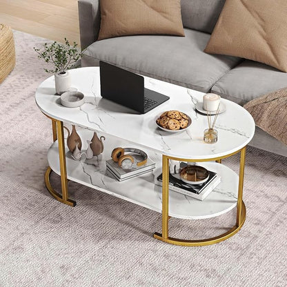 Giantex 2-Tier Coffee Table, Oval Center Table with Faux Marble Top & Open Storage Shelf, Modern Accent Table with Heavy Duty Metal Frame, Oval Coffee Tables for Living Room, White and Gold