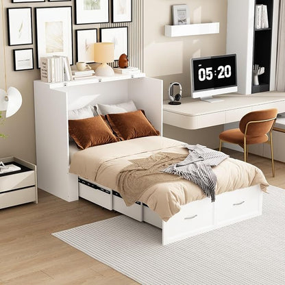 Twin Murphy Bed with Built-in Charging Station, Space-Saving Murphy Bed Chest Twin with Drawer, Foldable, for Home Office Guest Room Bedroom White, 76.8”L x 44.4”W x 41.3”H