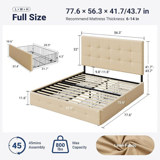 Allewie Upholstered Full Size Platform Bed Frame with 4 Storage Drawers and Headboard, Square Stitched Button Tufted, Mattress Foundation with Wooden Slats Support, No Box Spring Needed, Beige