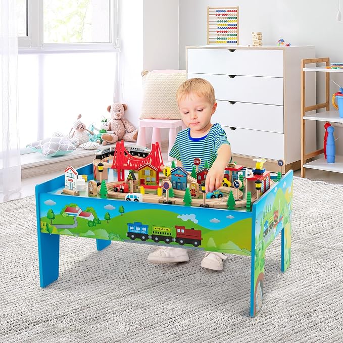 Costzon Train Table, 80 Pcs, Wooden Kids Activity Table Playset with Reversible & Detachable Tabletop, Solid Wood Tracks, Train, Railway, City, DIY Design, Gift for Boys & Girls, Multi-Color