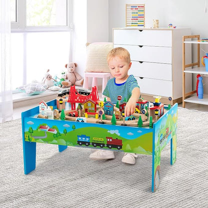 Costzon Train Table, 80 Pcs, Wooden Kids Activity Table Playset with Reversible & Detachable Tabletop, Solid Wood Tracks, Train, Railway, City, DIY Design, Gift for Boys & Girls, Multi-Color