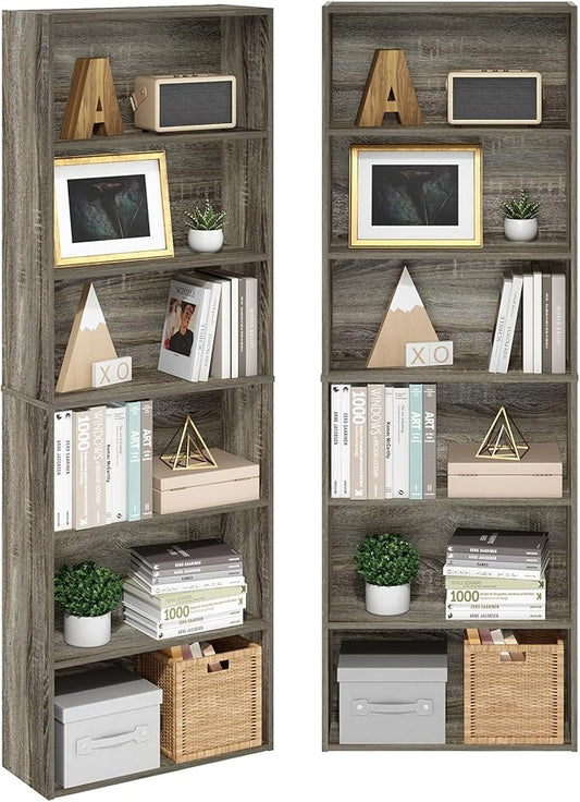 Furinno Jaya Book Shelf Set of 2, 6-Tier Bookshelf, Bookcase, 9.5 x 24.6 x 71, for Home Office, Living Room, French Oak