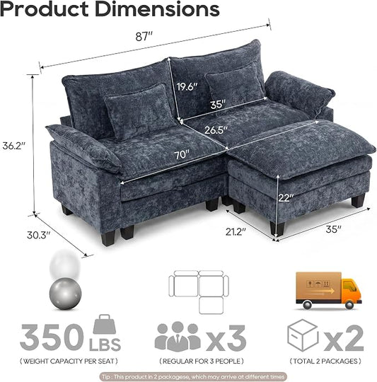 URRED Oversized Modular Sectional Sofa, 87" L Shaped Modern Comfy Cloud Couch with Movable Ottoman & Pillows, Deep Seat Couches for Living Room, Bedroom or Apartment (Chenille Blue, 87" L Shaped)