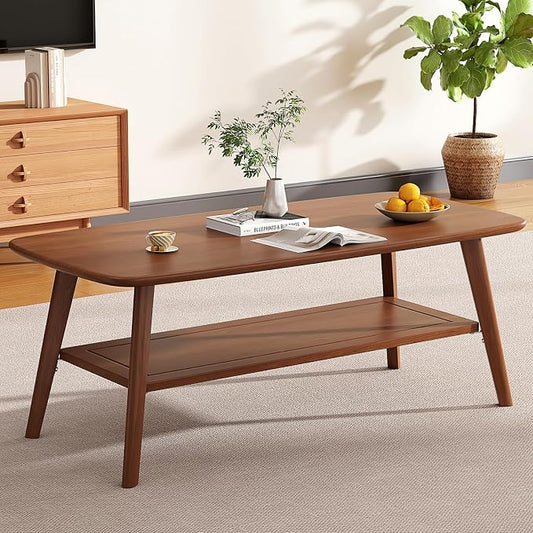 Coffee Table Small Solid Wood Center Table Mid Century Vintage Living Room Coffee Table, Walnut 47.24 Inch