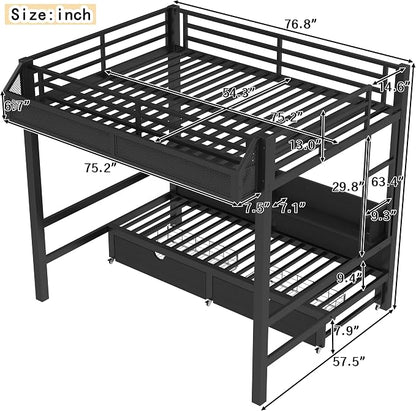 Bellemave Bunk Bed Full Over Full，Metal Bunk beds with Storage Shelves and Drawers USB Ports and LED Lights, Lower Bed That can be Converted into a Sofa, Black