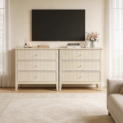 RoyalCraft Large 3 Drawer Dresser Set of 2, Fluted Wood Drawers for Bedroom, Modern Painted 30 inch Wide Nightstand for Bedroom, Entryway, Beige