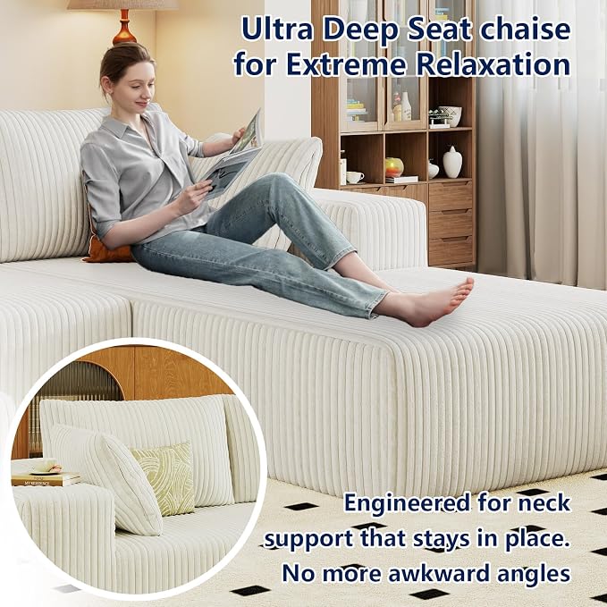 96" Modular Sectional Sofa, Modern Corduroy Cloud Couch with Deep Seat, Boneless Couch Upholstered 3-Seater L-Shaped Sofa for Living Room, No Assembly Required (White, Right-Facing Chaise)