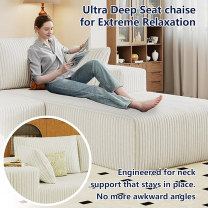 96" Modular Sectional Sofa, Modern Corduroy Cloud Couch with Deep Seat, Boneless Couch Upholstered 3-Seater L-Shaped Sofa for Living Room, No Assembly Required (White, Right-Facing Chaise)