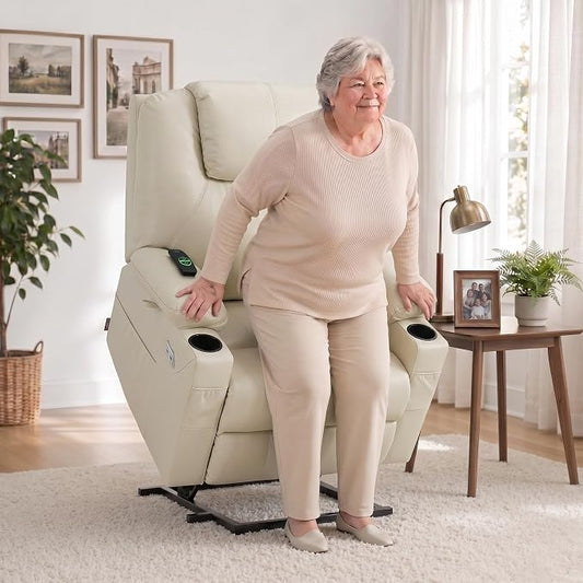MCombo Power Lift Recliner Chair for Elderly R7042(Cream White, Small-Wide) | Heat and Massage, Breathable Faux Leather, USB& Type C Charging Port, FSC Certified