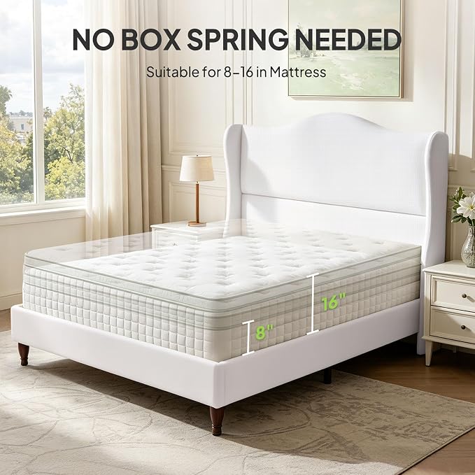 Welzona Queen Size Bed Frame 51" Tall Wingback Headboard, Soft Fabric Upholstered Platform Bed with Solid Wood Legs and Wooden Slats Support, No Box Spring Needed, Easy Assembly,White