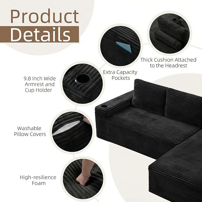 104" L Shaped Boneless Sectional Couches for Living Room, Comfy Corduroy Floor Cloud Sofa with Chaise and Cup Holder, Wide Armrest, Deep Seat, Assembly Free, Ideal for Small Spaces, Black