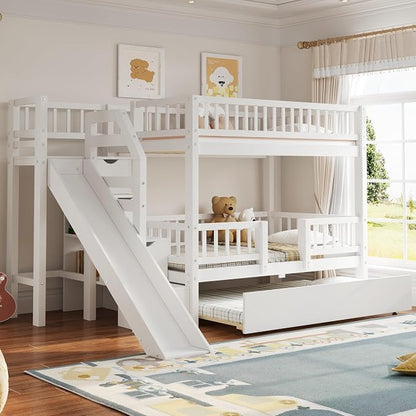 Twin Over Twin Bunk Bed with Storage Staircase, Slide and Trundle,for Kids Teens Adults Bedroom Use (White-ST, Twin Over Twin)