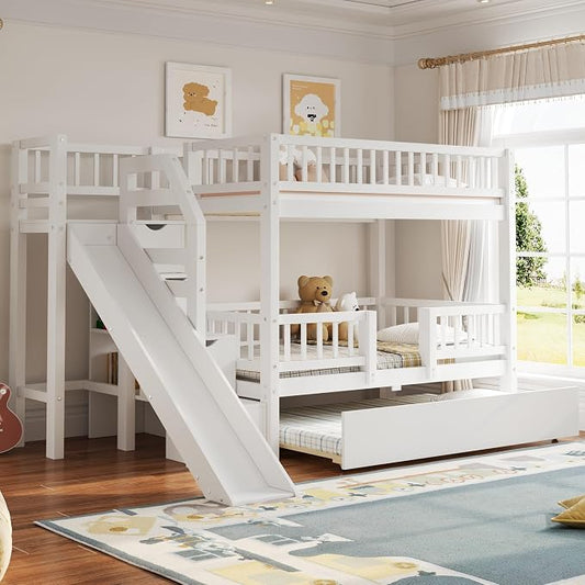 Twin Over Twin Bunk Bed with Storage Staircase, Slide and Trundle,for Kids Teens Adults Bedroom Use (White-ST, Twin Over Twin)