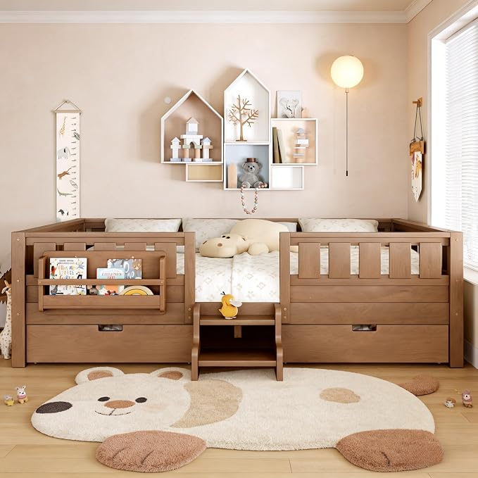 Queen Platform Bed with Storage Drawers and Bookshelves, Kids Platform Bed Frame with Low-profile Stairs and Full-length Guardrails, Queen Bed Frame for Boys, Girls, No Box Spring Needed, Nature