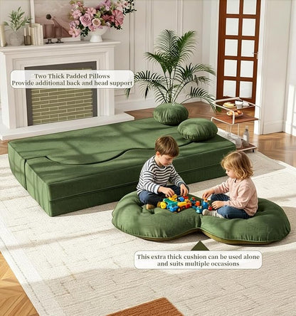 75” Full Size Convertible Sleeper Sofa Bed, Boneless Folding Futon Loveseat Sofa with 2 Pillows, High Density Foam Compressed Foldable Guest Couch for Living Room Apartment (Green Corduroy)