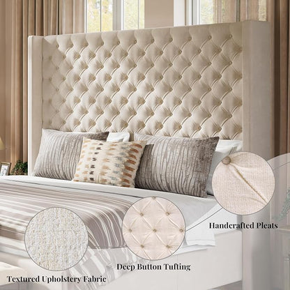 Jocisland King Size Bed Frame with 65" Tall Headboard, Upholstered Wingback Platform Design, Handcrafted Pleats & Deep Button Tufted, Solid Wood Legs, No Box Spring Needed, Cream