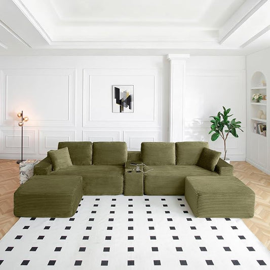 ivoros 150 Inch Modular Sectional Sofa Couch, Oversized Modern Cloud Couch for Living Room, U Shape Couches with 2 Ottomans, USB Ports and Cup Holders, Green Corduroy Boneless Sofas, Sofa in a Box