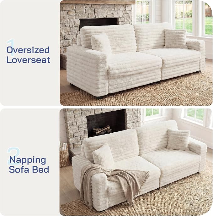78.7" Corduroy Love Seat Sofa, Cloud Deep Seat Couch with Legs 2 Pillows, Fluff Corduroy Loveseat for Small Space, Living Rooms and Apartment, Beige