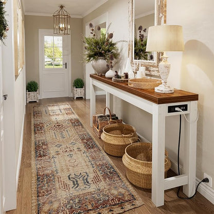 Cyclysio 63" Console Table with Charging Station, 13.8" Deep Farmhouse Sofa Table Behind Couch with 2 AC Outlets & 3 USB Ports, Long Entryway TV Console or Home Office Desk, Rustic Oak