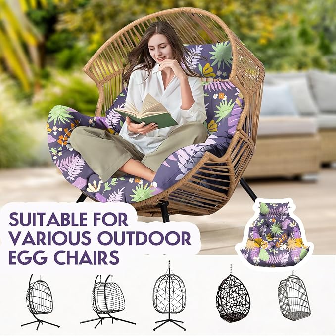 Outdoor Hanging Egg Chair Cushion Replacement, Extra Large Waterproof Egg Swing Cushions with Headrest Pillow and Ties, U-Shaped Thickened Cushion for Hanging Eggs Chair (Purple Floral Leaf)