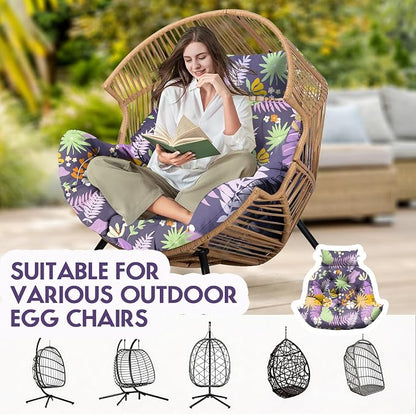 Outdoor Hanging Egg Chair Cushion Replacement, Extra Large Waterproof Egg Swing Cushions with Headrest Pillow and Ties, U-Shaped Thickened Cushion for Hanging Eggs Chair (Purple Floral Leaf)