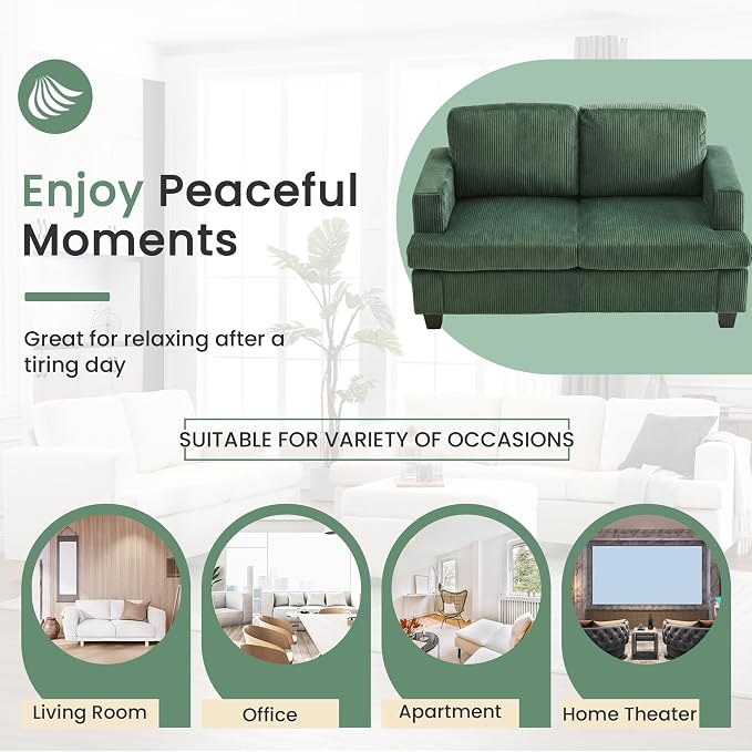 YOUDENOVA 2 Piece Set Comfy Sofa Couch, Loveseat Sofa * 2 with Deep Seats, Modern Sleeper Couch for Living Room, Green Corduroy