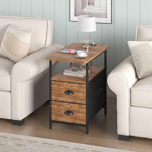 sthmec End Table with Charging Station, Narrow Side Table with 2 Drawers, Nightstands with Drawers, USB Ports & Power Oulets,Slim Sofa Side Tables for Small Spaces,Living Room,Bedroom,Rustic Brown