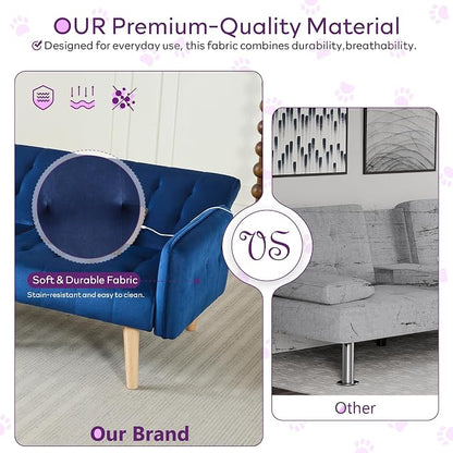 TYBOATLE 62.99" W Velvet Modern Convertible Folding Futon Couch Sofa Bed w/ 2 USB Charging Ports for Compact Living Space, Small Couches for Office, Dorm, RV Room, Apartment, Bedroom (Navy Blue)