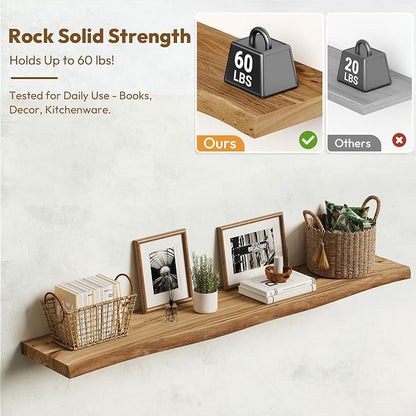 Vivelove Live Edge Floating Shelves Solid Wood, 48 Inch Set of 1, Elm Shelves for Wall with Invisible Bracket for Living Room Bedroom Bathroom Office Book, Rustic Farmhouse Wooden Shelf - Natural
