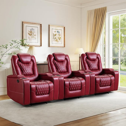 ANJ Power Recliner Chair Set of 3, Electric Soft Faux Leather Reclining Home Theater Seating - USB Ports, Cup Holders, Hidden Arm Storage Movie & Media Room Chairs (Red)