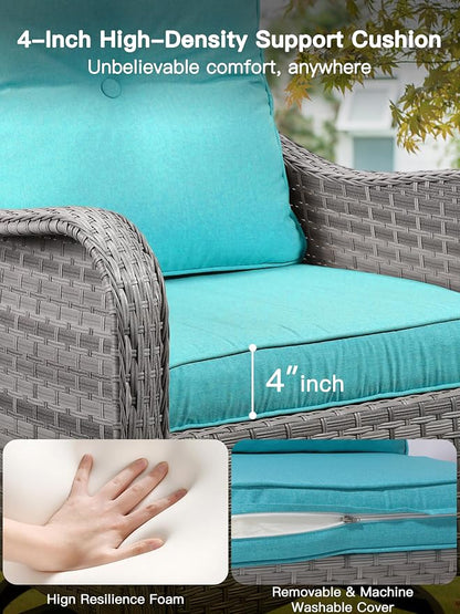 6-Piece Patio Furniture Set, Outdoor Swivel Rocking Chairs with 4" Thick Cushions & Side Table, All-Weather PE Rattan & Rust-Resistant Steel Frame Conversation Set for Porch, Backyard, Turquoise