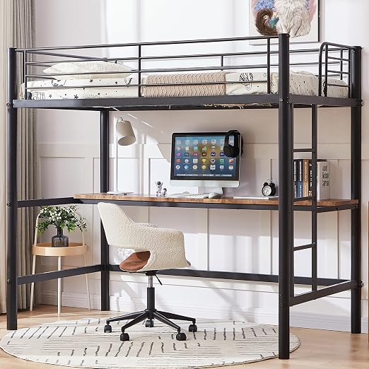 VECELO Metal Loft Bed Twin Size with Desk, Heavy Duty Bedframe with Removable Ladder and Safety Guardrail, Space-Saving, Noise Free, No Box Spring Needed, Matte Black
