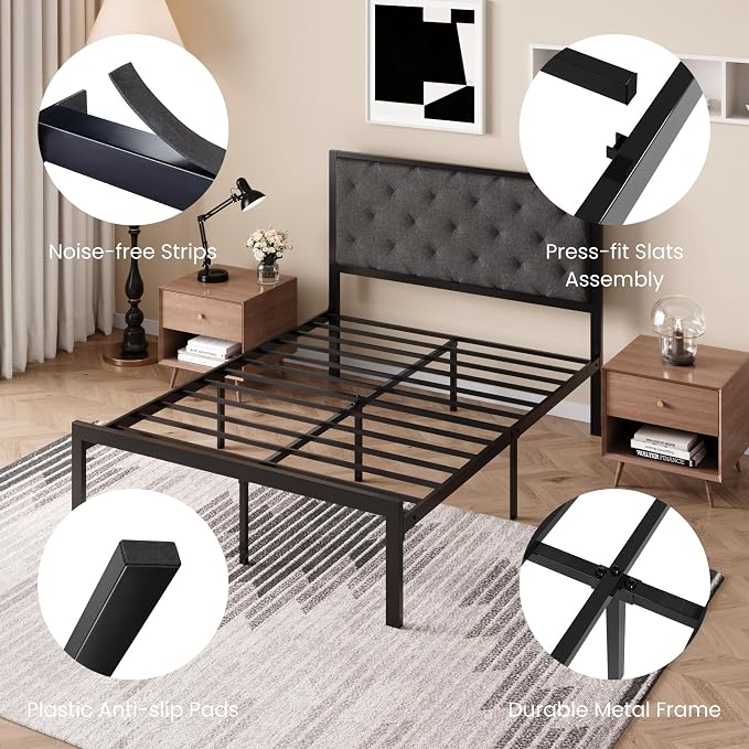 SHA CERLIN Full Size Metal Bed Frame with Linen Tufted Headboard, Dark Gray | Modern Design Heavy-Duty Platform Bed, No Box Spring Need, Linen Fabric Upholstery, Noise Free, Easy Assembly