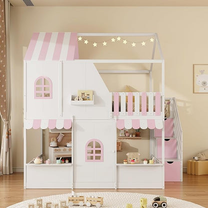 Merax Full Over Full Wood House Bunk Bed with Storage Staircase & Shelves, Floor Multifunction Bunk Bed with Full Length Gardrails for Bedroom,Playhouse Design, Roof & Door, Space Saving,White+Pink