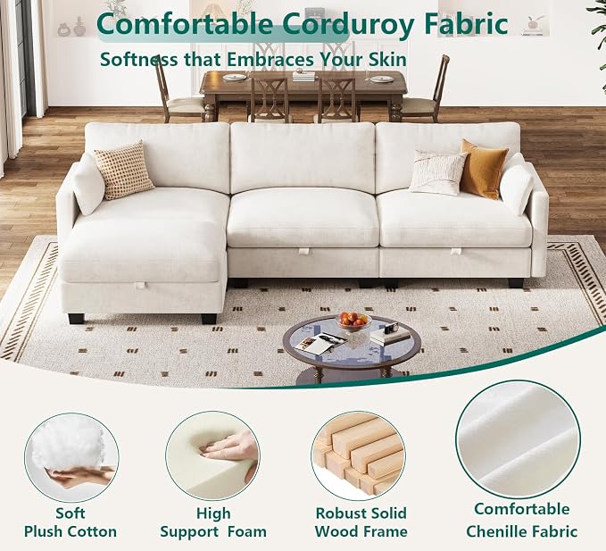 Modular Sectional L Shaped Sofa Couches for Living Room, Cloud Couch with Storage Ottoman, Comfy Chenille Sofa with Pillow, Beige