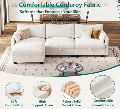 Modular Sectional L Shaped Sofa Couches for Living Room, Cloud Couch with Storage Ottoman, Comfy Chenille Sofa with Pillow, Beige