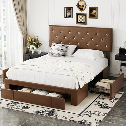 VECELO Full Size Bed Frame with 3 Storage Drawers, Leather Upholstered with Diamond Tufted Headboard, Solid Wood Slat Support & Steel Framework, PU & Brown
