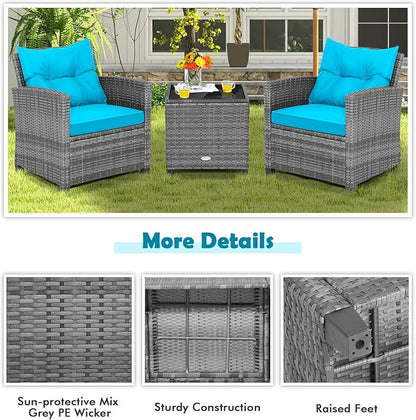 COSTWAY 3PCS Patio Furniture Set, PE Rattan Wicker Sofa w/Washable Cushion and Coffee Table, Tempered Glass Tabletop, Outdoor Conversation Set for Balcony, Porch, Yard, Backyard, Lawn, Turquoise