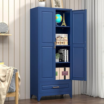 Polup Metal Storage Cabinet,75" Tall Kitchen Pantry Storage Cabinet with Doors and Adjustable Shelves, Blue Metal Pantry Cabinets with Drawer, Large Cupboard for Kitchen, Dining Living Room