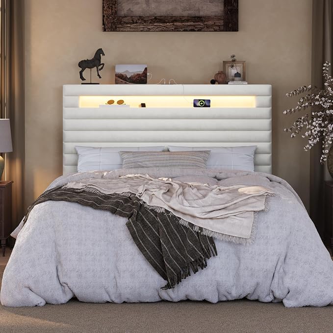 SHA CERLIN Queen Bed Frame with LED Light & 2-Tier Storage Shelf, Velvet Upholstered Adjustable Headboard with Charing Station, Horizontal Channel Tufted, No Box Spring Needed, Easy Assembly, White