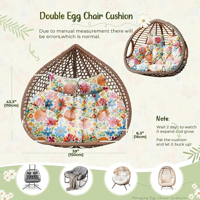 Double Egg Chair Cushion Replacement Waterproof for Outdoor Patio Hanging Basket Egg Chairs, 59x43-Inch Thickened 100% Cotton Large Double Eggs Swing Chair Cushions, Colored Daisy