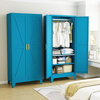71" H Wardrobe Closet with Doors, Metal Wardrobe Cabinet with 2 Doors and 2 Adjustable Shelves, Armoire Wardrobes Closet with Hanging Rod, Closets for Bedroom, Laundry Room, Blue