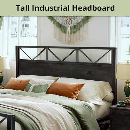 LIKIMIO King Bed Frame, Tall Industrial Headboard 51.2 ", Platform Bed Frame with Strong Metal Support, Solid and Stable, Noise Free, No Box Spring Needed, Easy Assembly, Charcoal Grey
