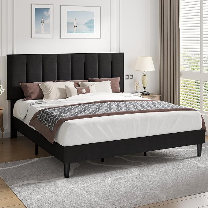 VECELO King Size Bed Frame with Upholstered Headboard, Heavy-Duty Bedframe with Strong Wooden Slats Support, No Boxing Spring Needed, Velvet & Black