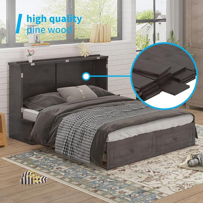 Mjkone Murphy Bed Cabinet, Queen Cabinet Wall Beds with Tri-Folding Mattress &USB Charging Station, Cabinets Beds w Storage Drawers for Guest Bedroom Apartment Home Office, Dark Grey